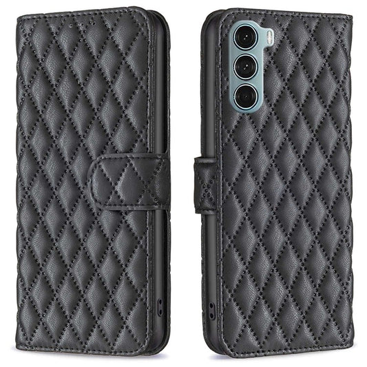BINFEN COLOR For Motorola Moto G200 5G / Edge S30 BF Style-14 Imprinted Rhombus Pattern Stand Wallet Case PU Leather Matte Anti-scratch Phone Shell - Black