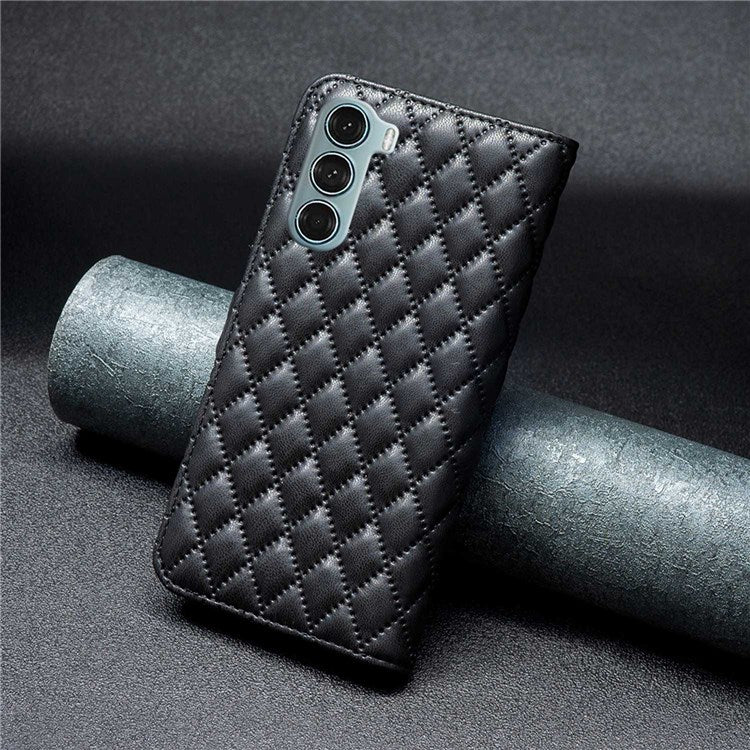 BINFEN COLOR For Motorola Moto G200 5G / Edge S30 BF Style-14 Imprinted Rhombus Pattern Stand Wallet Case PU Leather Matte Anti-scratch Phone Shell - Black