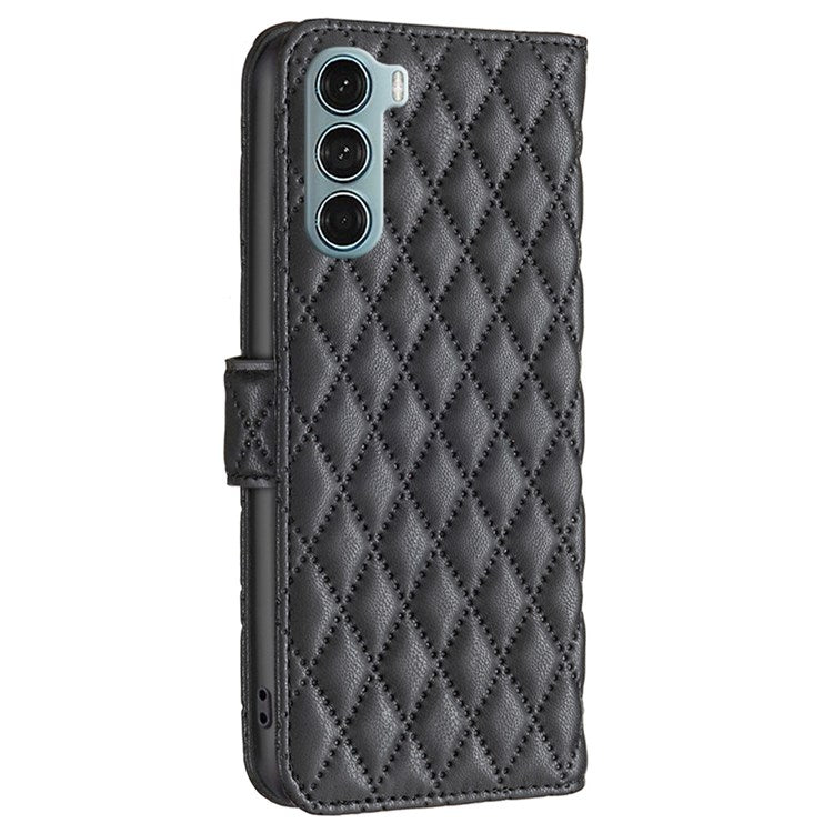 BINFEN COLOR For Motorola Moto G200 5G / Edge S30 BF Style-14 Imprinted Rhombus Pattern Stand Wallet Case PU Leather Matte Anti-scratch Phone Shell - Black