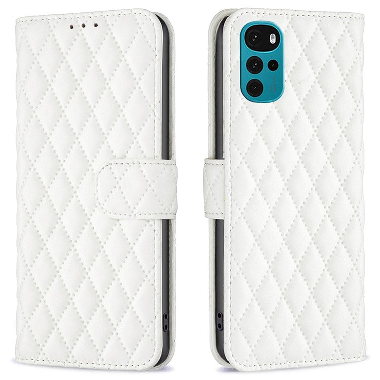 BINFEN COLOR For Motorola Moto G22 BF Style-14 PU Leather Stand Matte Case Imprinted Rhombus Pattern Phone Wallet Cover - White