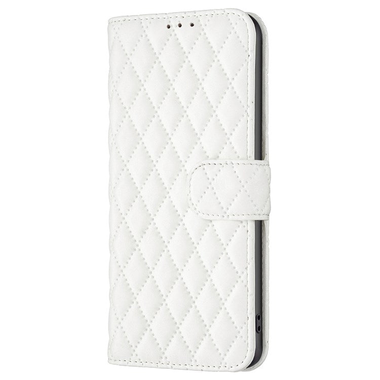 BINFEN COLOR For Motorola Moto G22 BF Style-14 PU Leather Stand Matte Case Imprinted Rhombus Pattern Phone Wallet Cover - White