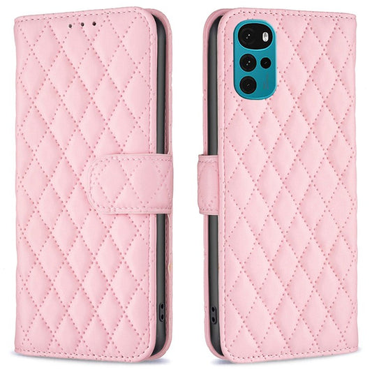 BINFEN COLOR For Motorola Moto G22 BF Style-14 PU Leather Stand Matte Case Imprinted Rhombus Pattern Phone Wallet Cover - Pink
