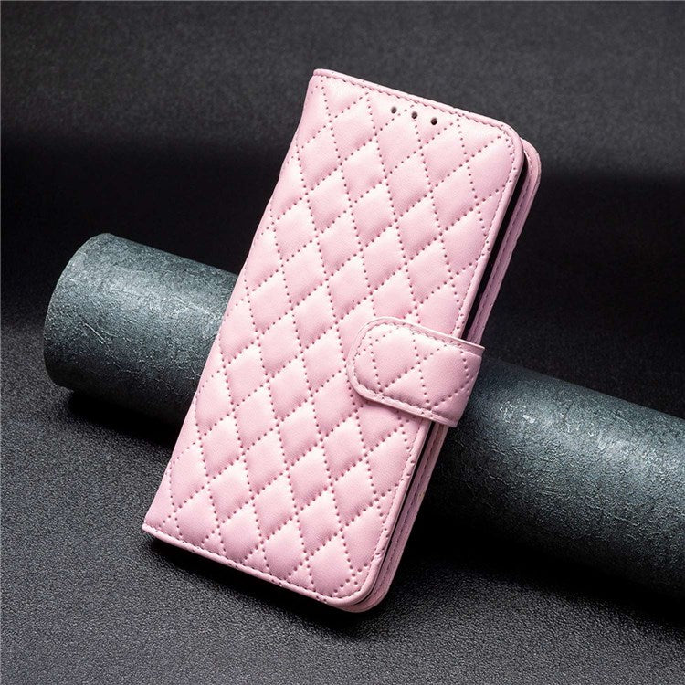 BINFEN COLOR For Motorola Moto G22 BF Style-14 PU Leather Stand Matte Case Imprinted Rhombus Pattern Phone Wallet Cover - Pink