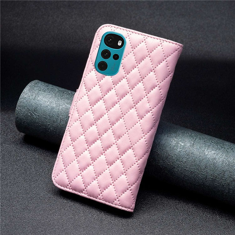 BINFEN COLOR For Motorola Moto G22 BF Style-14 PU Leather Stand Matte Case Imprinted Rhombus Pattern Phone Wallet Cover - Pink