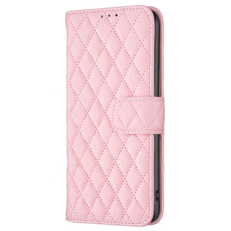 BINFEN COLOR For Motorola Moto G22 BF Style-14 PU Leather Stand Matte Case Imprinted Rhombus Pattern Phone Wallet Cover - Pink