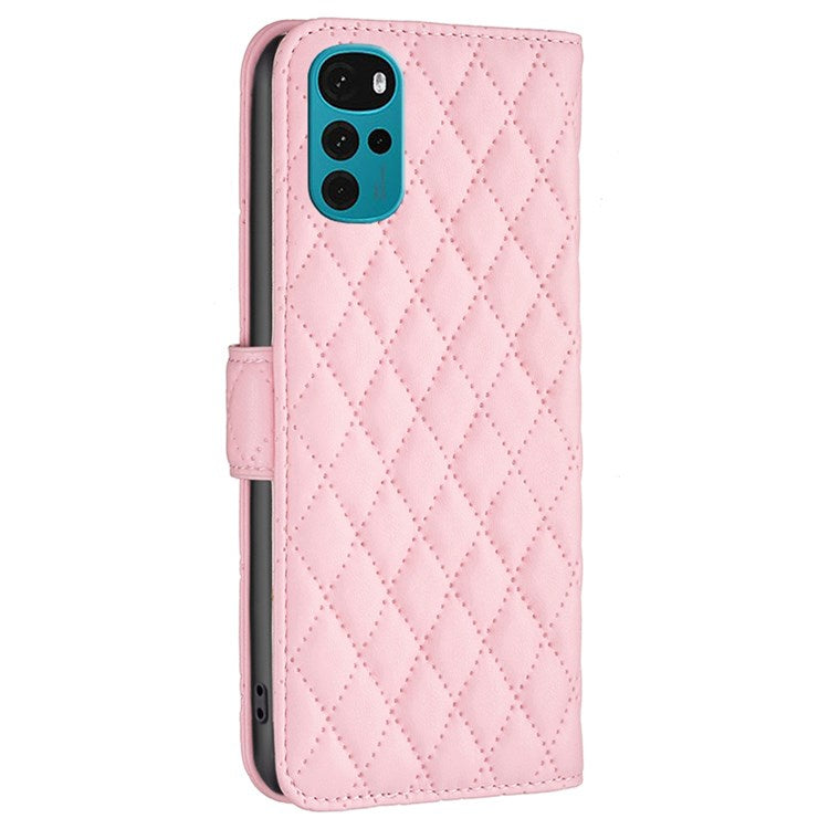 BINFEN COLOR For Motorola Moto G22 BF Style-14 PU Leather Stand Matte Case Imprinted Rhombus Pattern Phone Wallet Cover - Pink