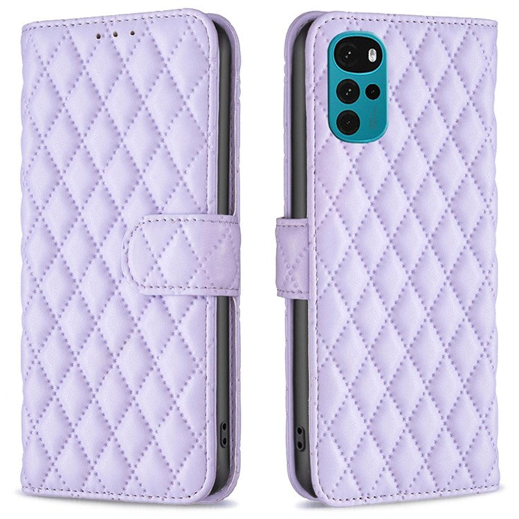 BINFEN COLOR For Motorola Moto G22 BF Style-14 PU Leather Stand Matte Case Imprinted Rhombus Pattern Phone Wallet Cover - Purple