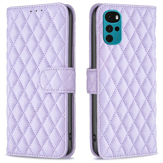 BINFEN COLOR For Motorola Moto G22 BF Style-14 PU Leather Stand Matte Case Imprinted Rhombus Pattern Phone Wallet Cover - Purple