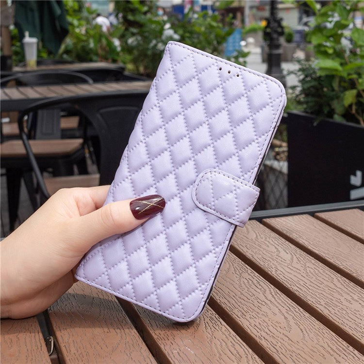 BINFEN COLOR For Motorola Moto G22 BF Style-14 PU Leather Stand Matte Case Imprinted Rhombus Pattern Phone Wallet Cover - Purple