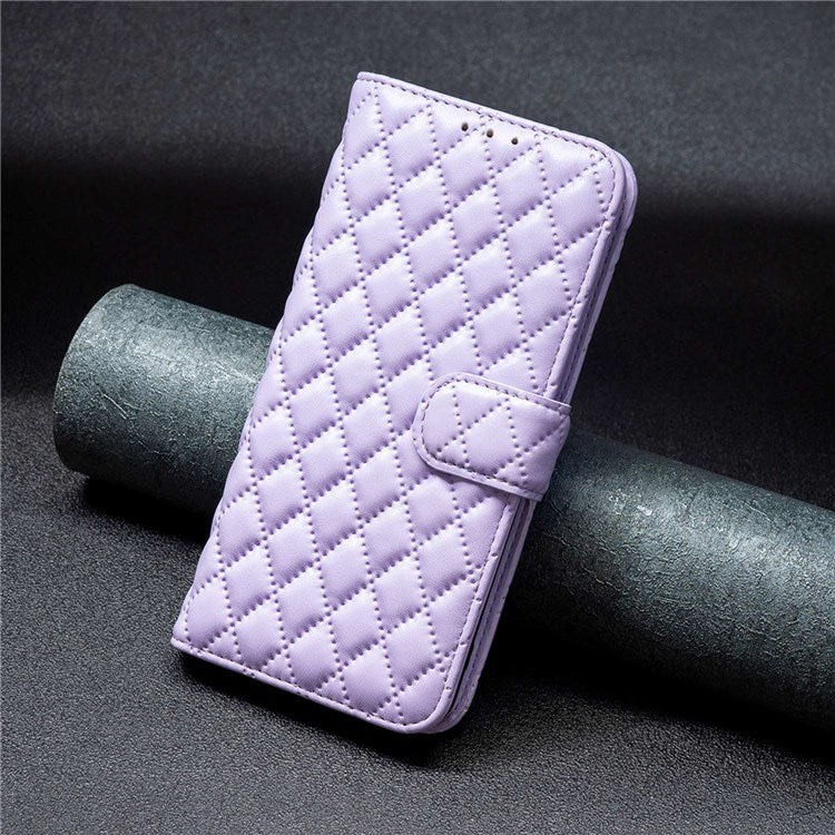 BINFEN COLOR For Motorola Moto G22 BF Style-14 PU Leather Stand Matte Case Imprinted Rhombus Pattern Phone Wallet Cover - Purple