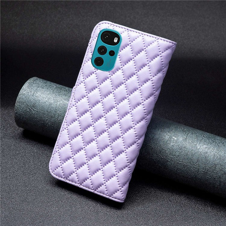 BINFEN COLOR For Motorola Moto G22 BF Style-14 PU Leather Stand Matte Case Imprinted Rhombus Pattern Phone Wallet Cover - Purple