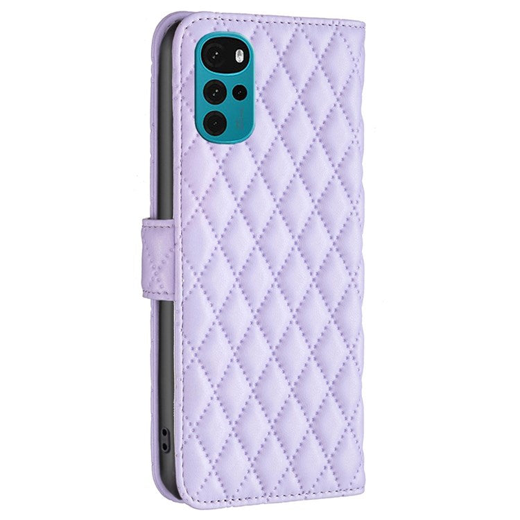 BINFEN COLOR For Motorola Moto G22 BF Style-14 PU Leather Stand Matte Case Imprinted Rhombus Pattern Phone Wallet Cover - Purple