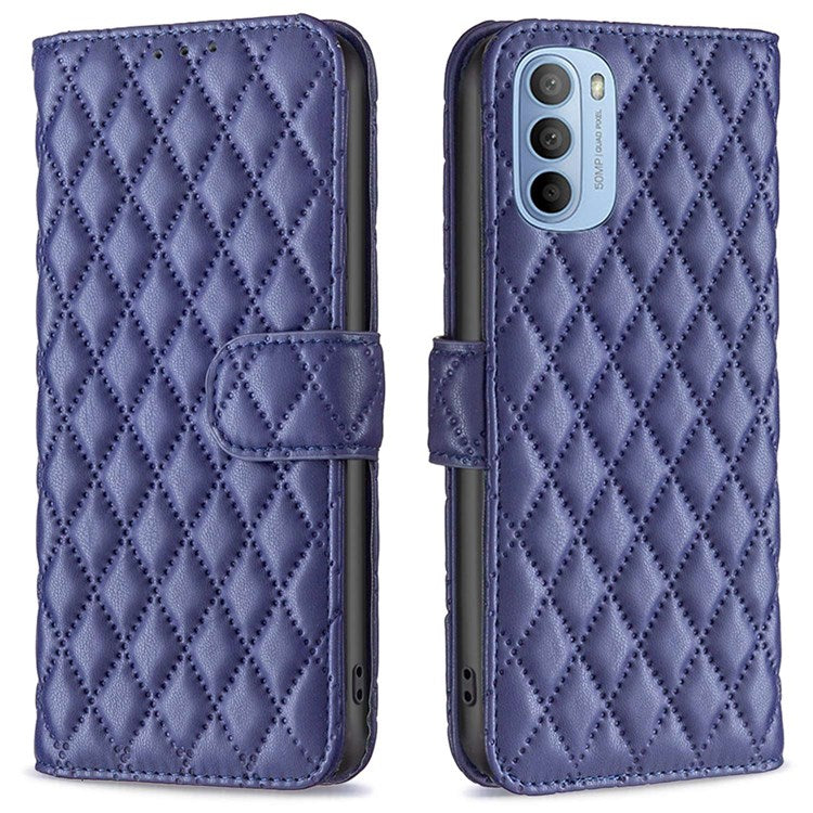 BINFEN COLOR For Motorola Moto G31 4G / G41 4G BF Style-14 Matte Phone Case Imprinted Rhombus Pattern PU Leather Wallet Stand Cover - Blue