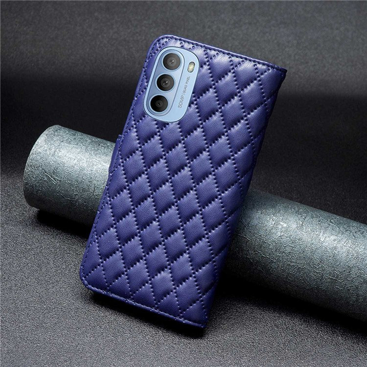 BINFEN COLOR For Motorola Moto G31 4G / G41 4G BF Style-14 Matte Phone Case Imprinted Rhombus Pattern PU Leather Wallet Stand Cover - Blue