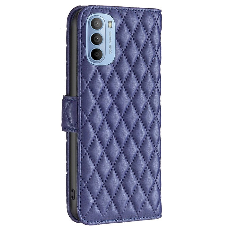 BINFEN COLOR For Motorola Moto G31 4G / G41 4G BF Style-14 Matte Phone Case Imprinted Rhombus Pattern PU Leather Wallet Stand Cover - Blue