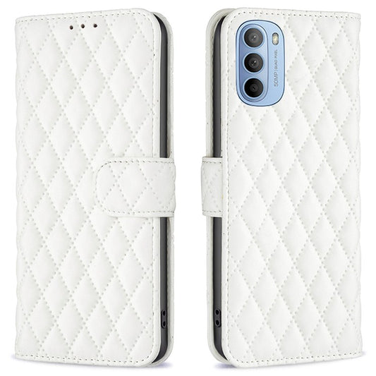 BINFEN COLOR For Motorola Moto G31 4G / G41 4G BF Style-14 Matte Phone Case Imprinted Rhombus Pattern PU Leather Wallet Stand Cover - White