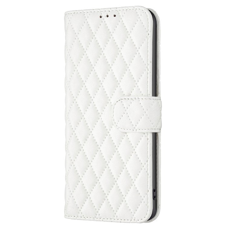 BINFEN COLOR For Motorola Moto G31 4G / G41 4G BF Style-14 Matte Phone Case Imprinted Rhombus Pattern PU Leather Wallet Stand Cover - White