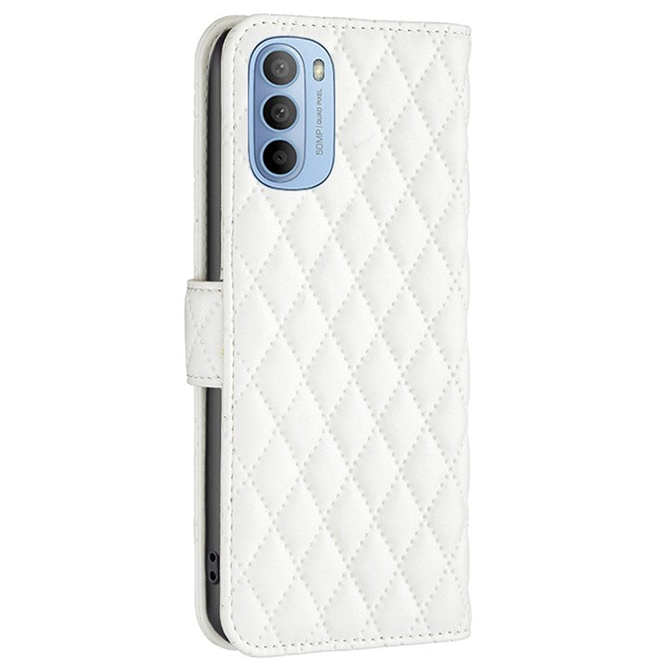 BINFEN COLOR For Motorola Moto G31 4G / G41 4G BF Style-14 Matte Phone Case Imprinted Rhombus Pattern PU Leather Wallet Stand Cover - White