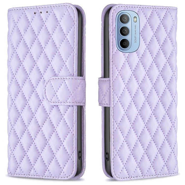 BINFEN COLOR For Motorola Moto G31 4G / G41 4G BF Style-14 Matte Phone Case Imprinted Rhombus Pattern PU Leather Wallet Stand Cover - Purple