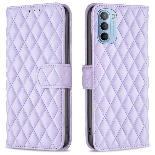 BINFEN COLOR For Motorola Moto G31 4G / G41 4G BF Style-14 Matte Phone Case Imprinted Rhombus Pattern PU Leather Wallet Stand Cover - Purple
