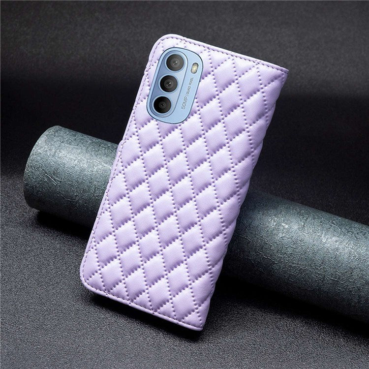 BINFEN COLOR For Motorola Moto G31 4G / G41 4G BF Style-14 Matte Phone Case Imprinted Rhombus Pattern PU Leather Wallet Stand Cover - Purple
