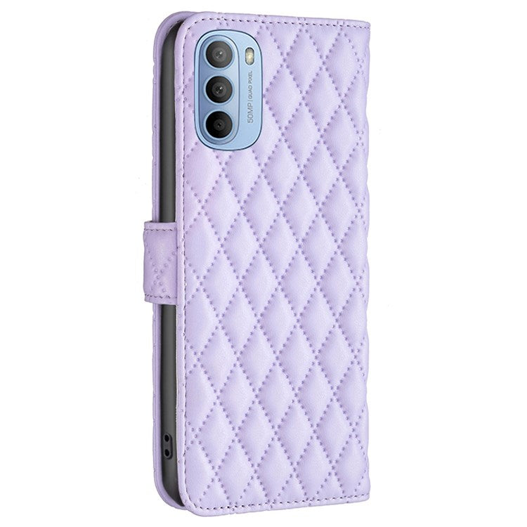BINFEN COLOR For Motorola Moto G31 4G / G41 4G BF Style-14 Matte Phone Case Imprinted Rhombus Pattern PU Leather Wallet Stand Cover - Purple