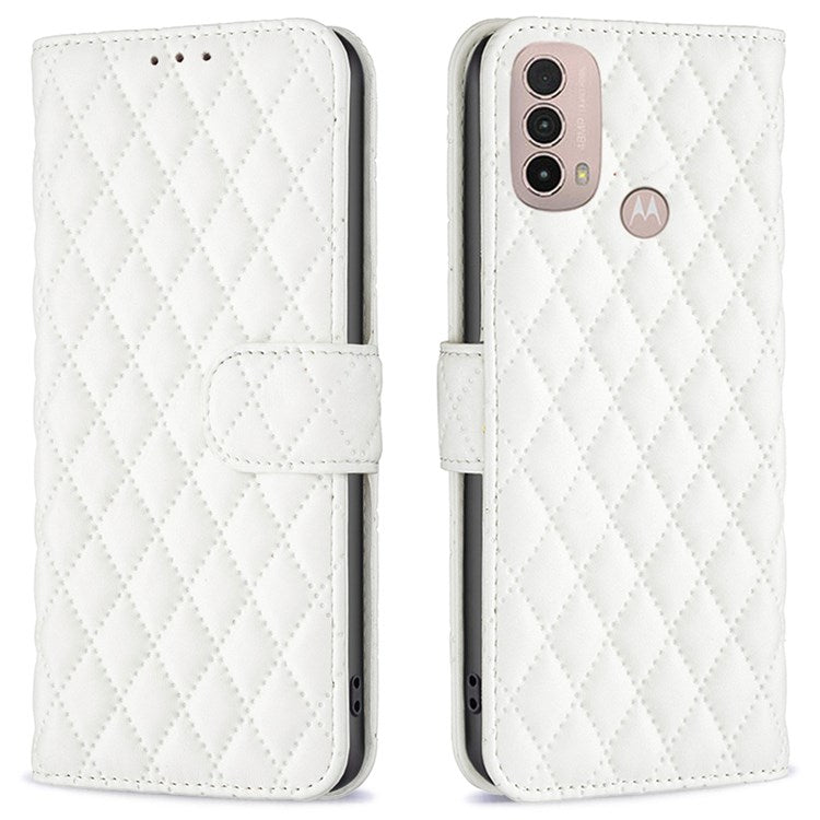 BINFEN COLOR For Motorola Moto E40 / E30 BF Style-14 Wallet Phone Cover Matte Imprinted Rhombus Pattern PU Leather Stand Case - White