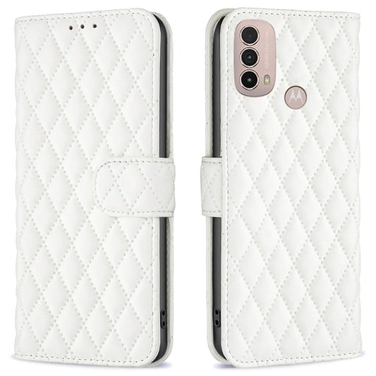 BINFEN COLOR For Motorola Moto E40 / E30 BF Style-14 Wallet Phone Cover Matte Imprinted Rhombus Pattern PU Leather Stand Case - White
