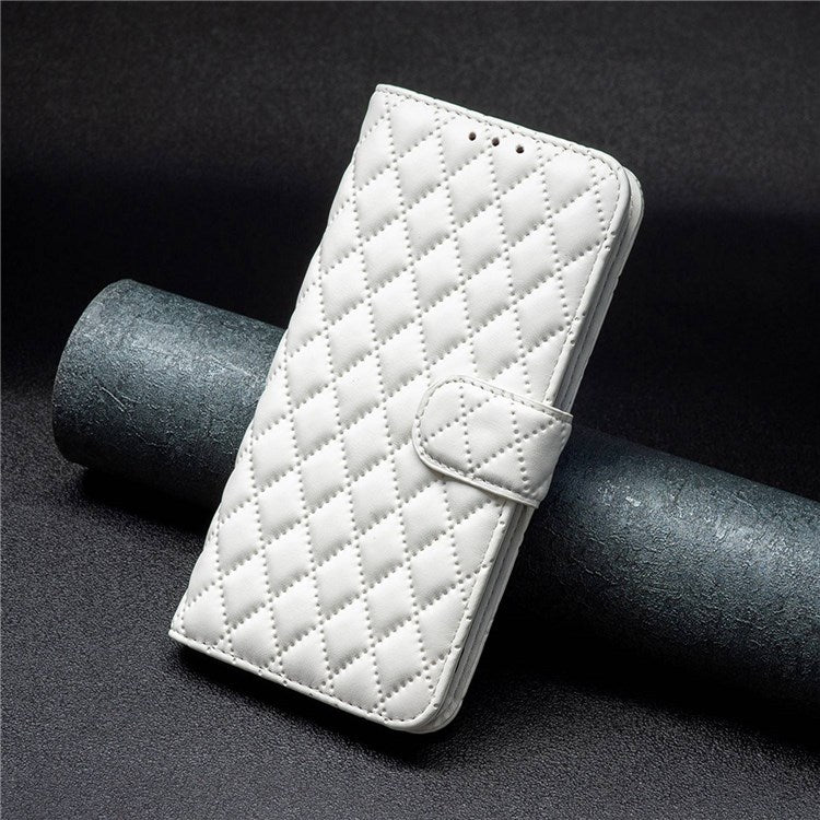 BINFEN COLOR For Motorola Moto E40 / E30 BF Style-14 Wallet Phone Cover Matte Imprinted Rhombus Pattern PU Leather Stand Case - White