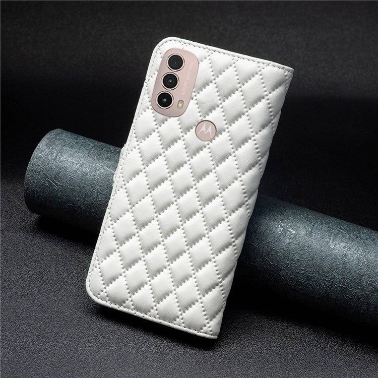 BINFEN COLOR For Motorola Moto E40 / E30 BF Style-14 Wallet Phone Cover Matte Imprinted Rhombus Pattern PU Leather Stand Case - White