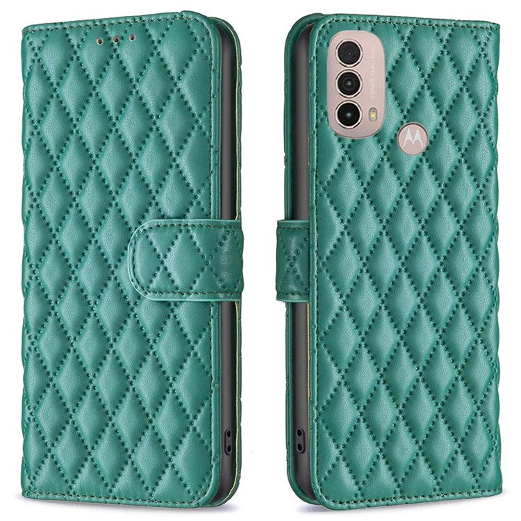 BINFEN COLOR For Motorola Moto E40 / E30 BF Style-14 Wallet Phone Cover Matte Imprinted Rhombus Pattern PU Leather Stand Case - Green