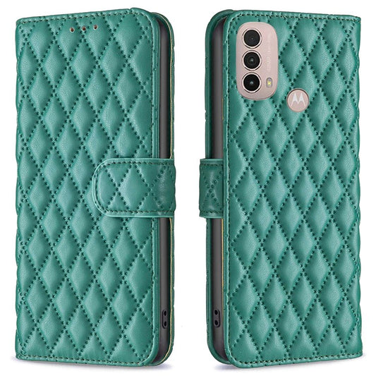 BINFEN COLOR For Motorola Moto E40 / E30 BF Style-14 Wallet Phone Cover Matte Imprinted Rhombus Pattern PU Leather Stand Case - Green