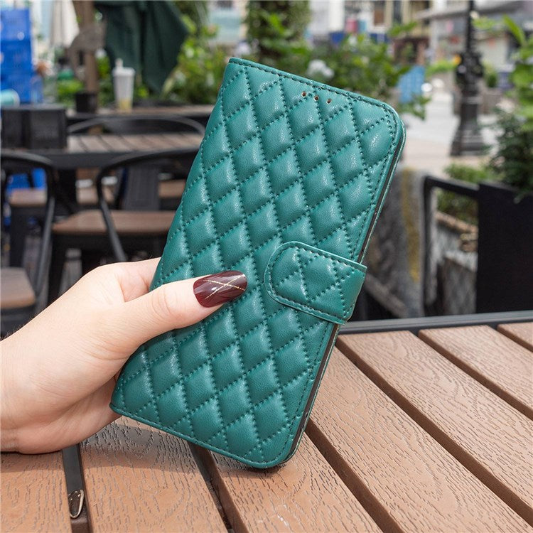 BINFEN COLOR For Motorola Moto E40 / E30 BF Style-14 Wallet Phone Cover Matte Imprinted Rhombus Pattern PU Leather Stand Case - Green