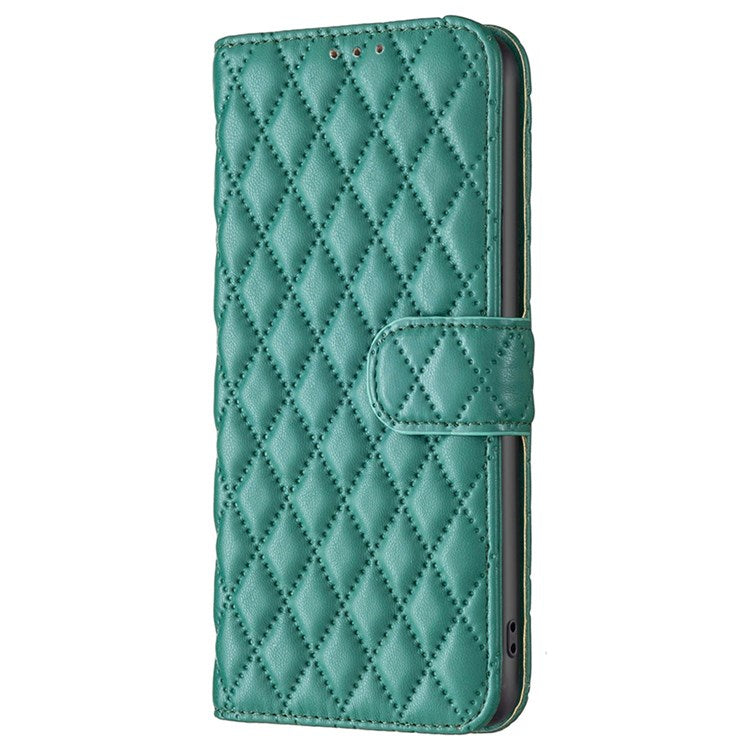 BINFEN COLOR For Motorola Moto E40 / E30 BF Style-14 Wallet Phone Cover Matte Imprinted Rhombus Pattern PU Leather Stand Case - Green