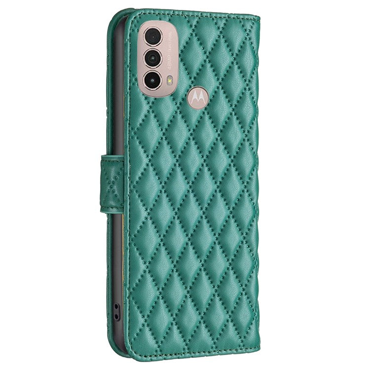 BINFEN COLOR For Motorola Moto E40 / E30 BF Style-14 Wallet Phone Cover Matte Imprinted Rhombus Pattern PU Leather Stand Case - Green