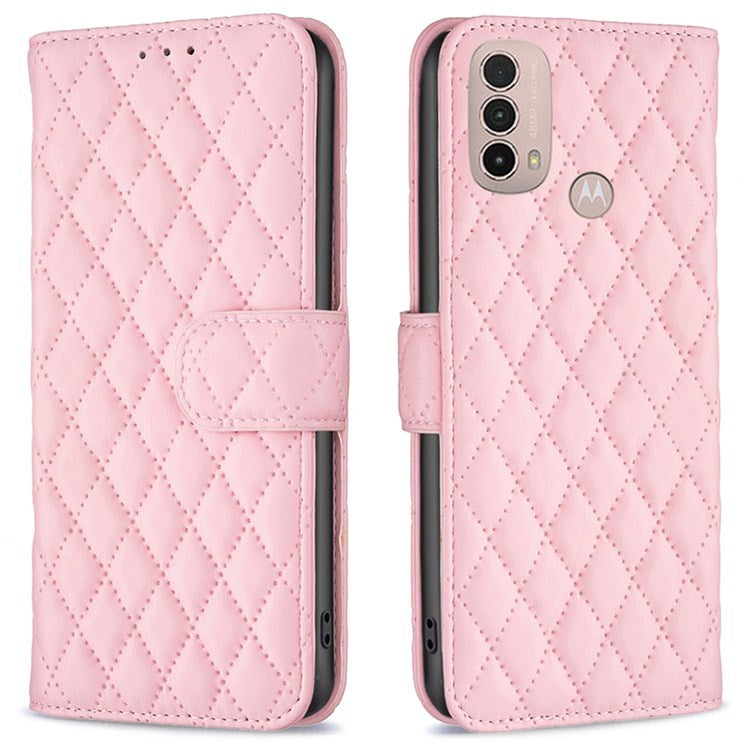 BINFEN COLOR For Motorola Moto E40 / E30 BF Style-14 Wallet Phone Cover Matte Imprinted Rhombus Pattern PU Leather Stand Case - Pink