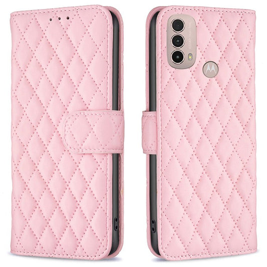 BINFEN COLOR For Motorola Moto E40 / E30 BF Style-14 Wallet Phone Cover Matte Imprinted Rhombus Pattern PU Leather Stand Case - Pink