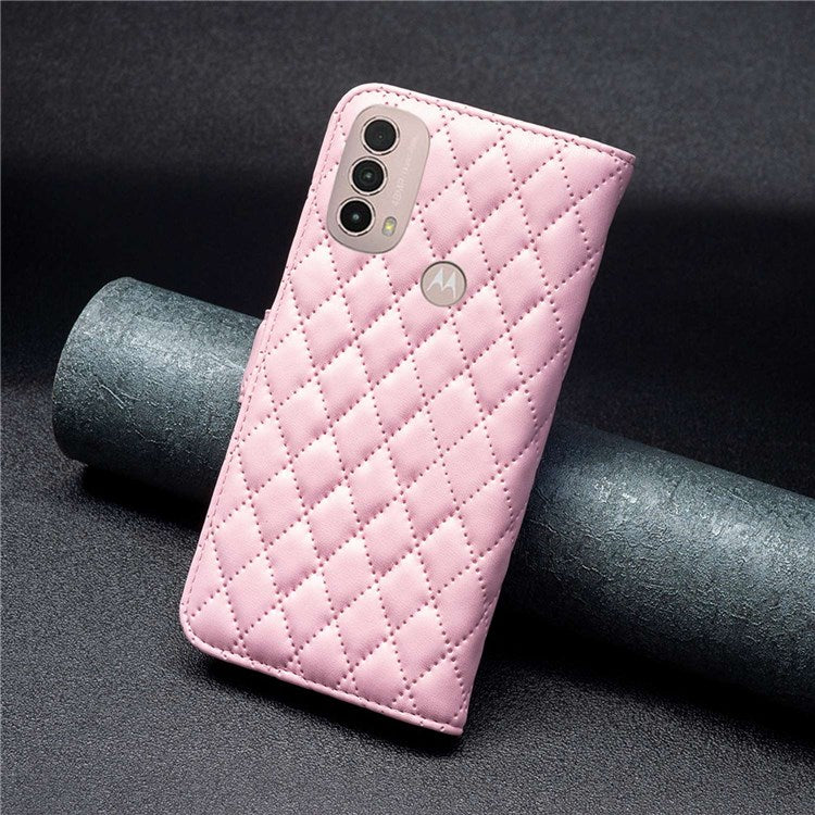 BINFEN COLOR For Motorola Moto E40 / E30 BF Style-14 Wallet Phone Cover Matte Imprinted Rhombus Pattern PU Leather Stand Case - Pink