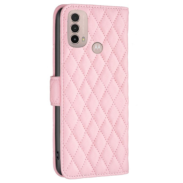 BINFEN COLOR For Motorola Moto E40 / E30 BF Style-14 Wallet Phone Cover Matte Imprinted Rhombus Pattern PU Leather Stand Case - Pink
