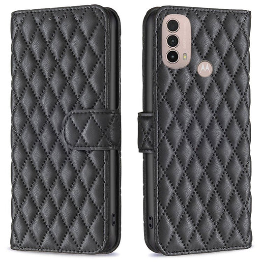 BINFEN COLOR For Motorola Moto E40 / E30 BF Style-14 Wallet Phone Cover Matte Imprinted Rhombus Pattern PU Leather Stand Case - Black