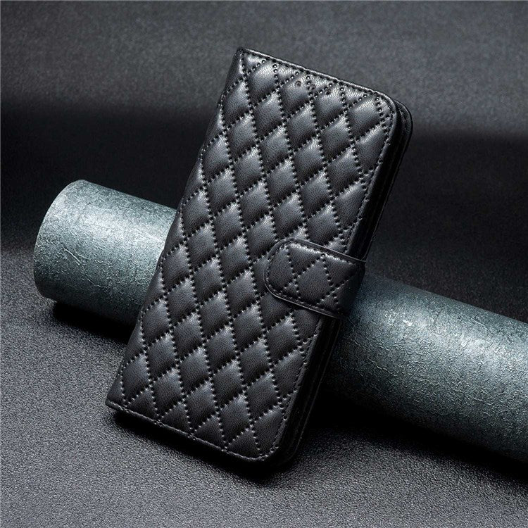 BINFEN COLOR For Motorola Moto E40 / E30 BF Style-14 Wallet Phone Cover Matte Imprinted Rhombus Pattern PU Leather Stand Case - Black