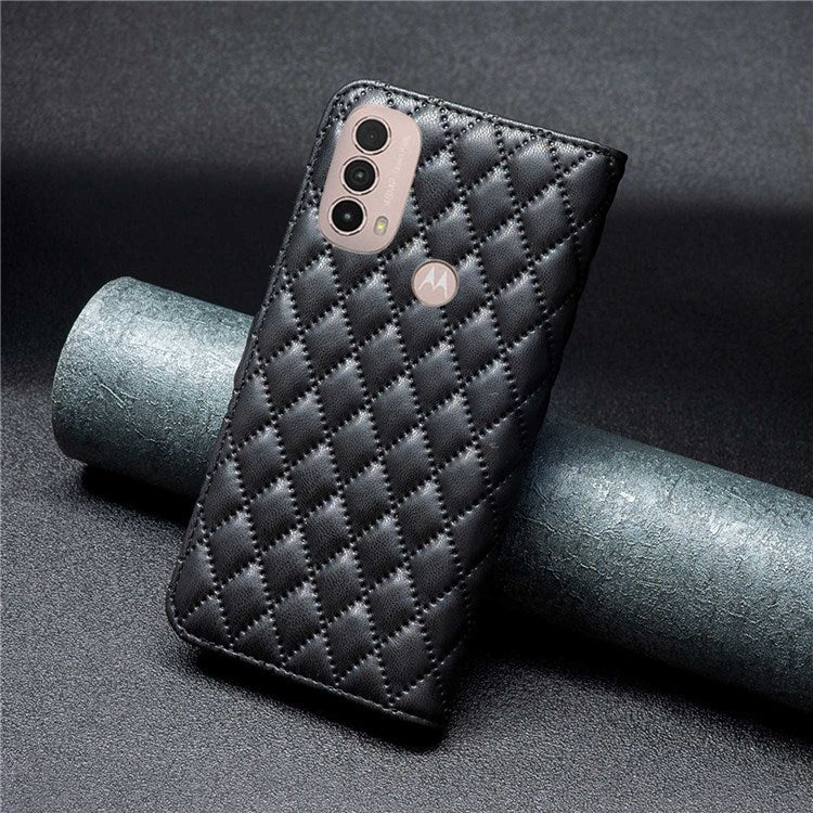 BINFEN COLOR For Motorola Moto E40 / E30 BF Style-14 Wallet Phone Cover Matte Imprinted Rhombus Pattern PU Leather Stand Case - Black