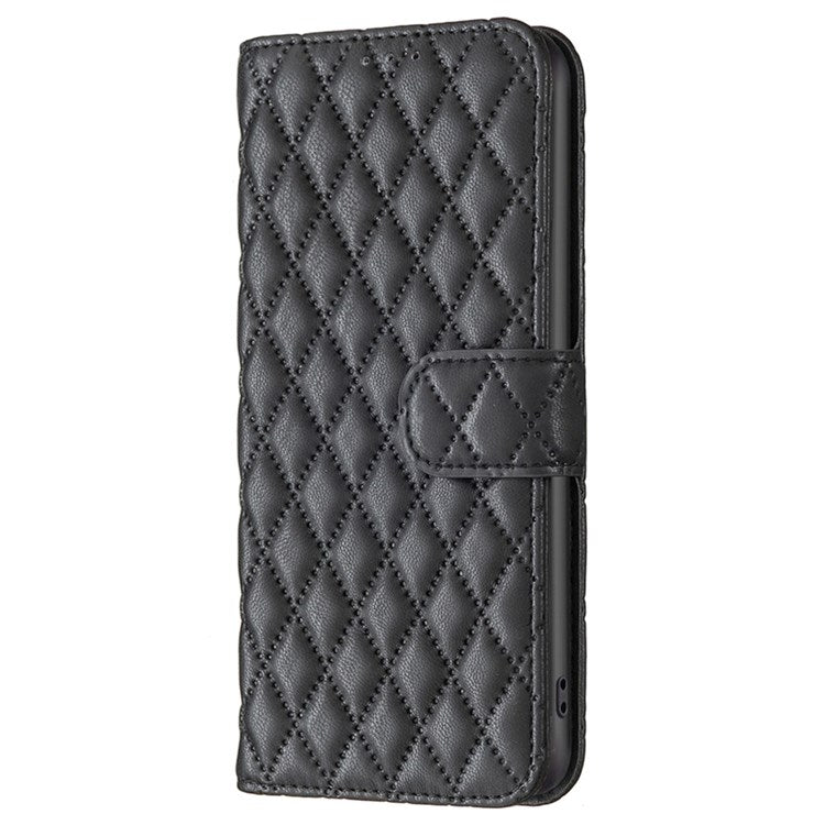 BINFEN COLOR For Motorola Moto E40 / E30 BF Style-14 Wallet Phone Cover Matte Imprinted Rhombus Pattern PU Leather Stand Case - Black