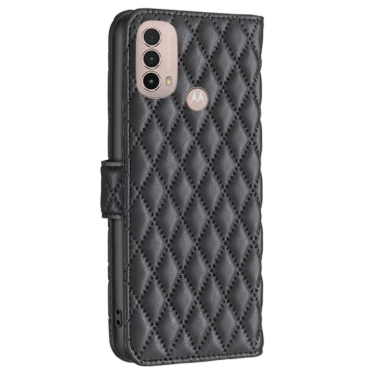 BINFEN COLOR For Motorola Moto E40 / E30 BF Style-14 Wallet Phone Cover Matte Imprinted Rhombus Pattern PU Leather Stand Case - Black