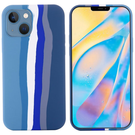 For iPhone 14 6.1 inch Rainbow Design Liquid Silicone Phone Cover Protective Back Case - Blue