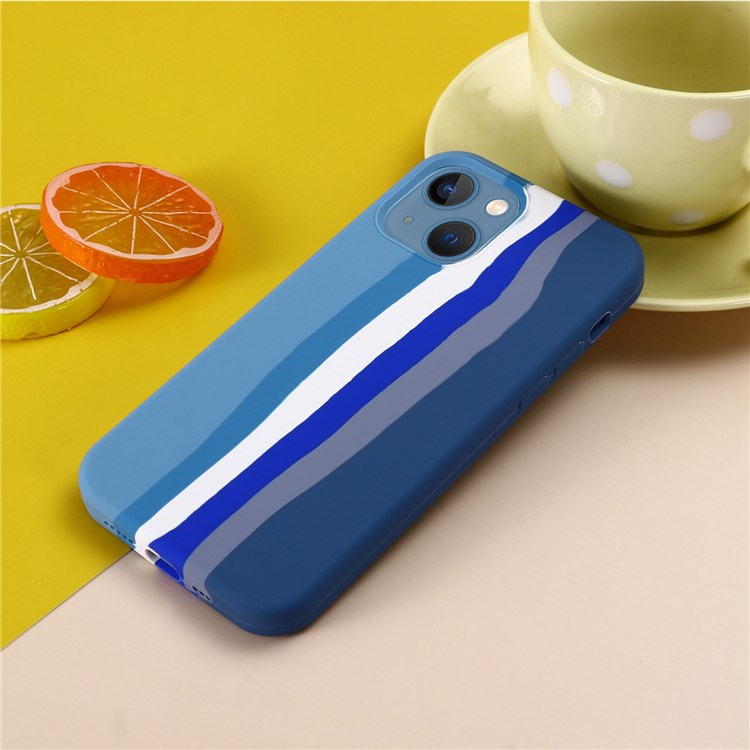 For iPhone 14 6.1 inch Rainbow Design Liquid Silicone Phone Cover Protective Back Case - Blue