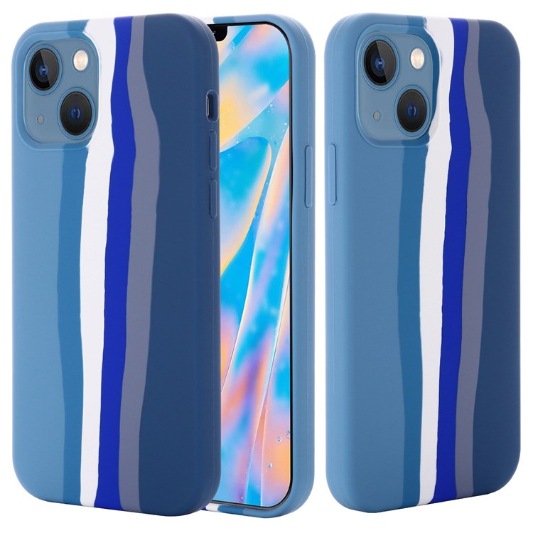 For iPhone 14 6.1 inch Rainbow Design Liquid Silicone Phone Cover Protective Back Case - Blue