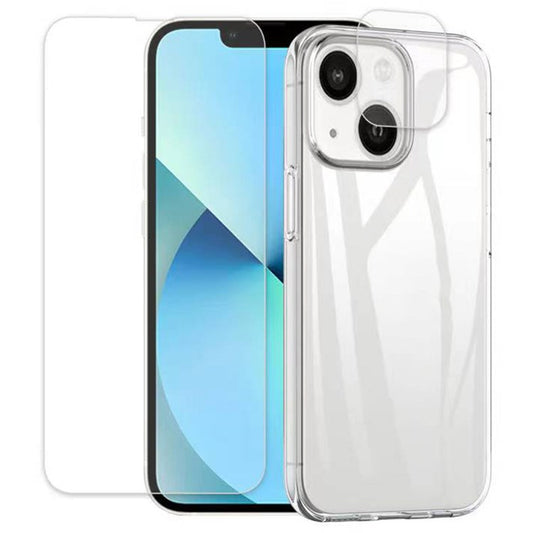 For iPhone 14 Plus 6.7 inch 2.5D Arc Edge Tempered Glass Phone Screen Rear Camera Protector TPU Anti-dust Cell Phone Case