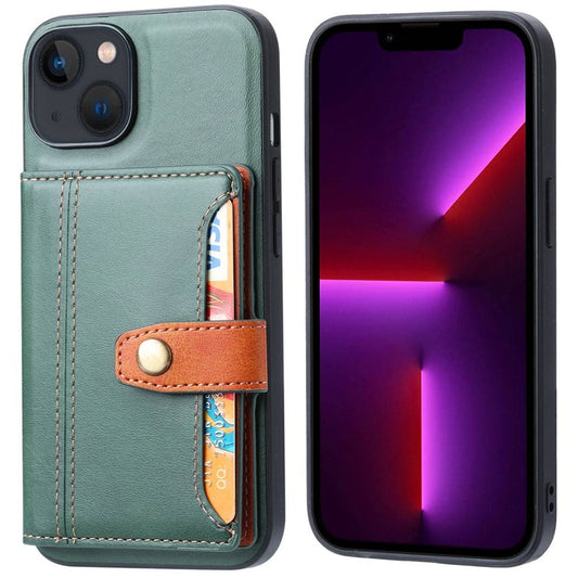 PU Leather Coated TPU Case for iPhone 14 6.1 inch, Kickstand Function Card Slot Design Anti-wear Protective Cover - Green