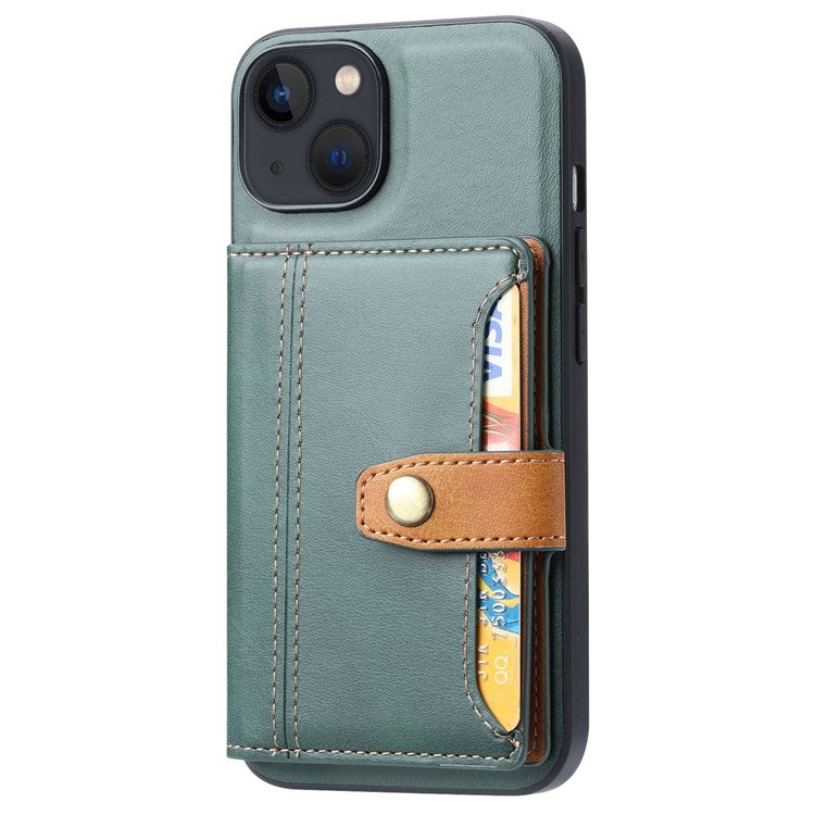 PU Leather Coated TPU Case for iPhone 14 6.1 inch, Kickstand Function Card Slot Design Anti-wear Protective Cover - Green